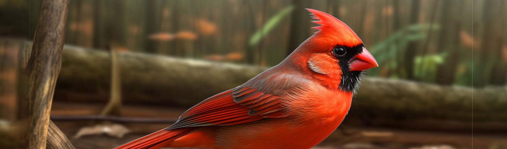 A bright red male Northern Cardinal perched on a branch in a forest